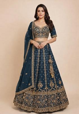 Blue Embroidery Poly Blend Lehenga Set
