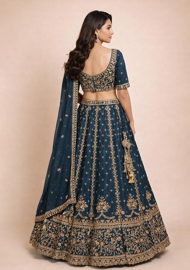 Blue Embroidery Poly Blend Lehenga Set - Indya