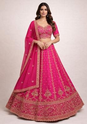 Pink Embroidery Poly Blend Lehenga Set