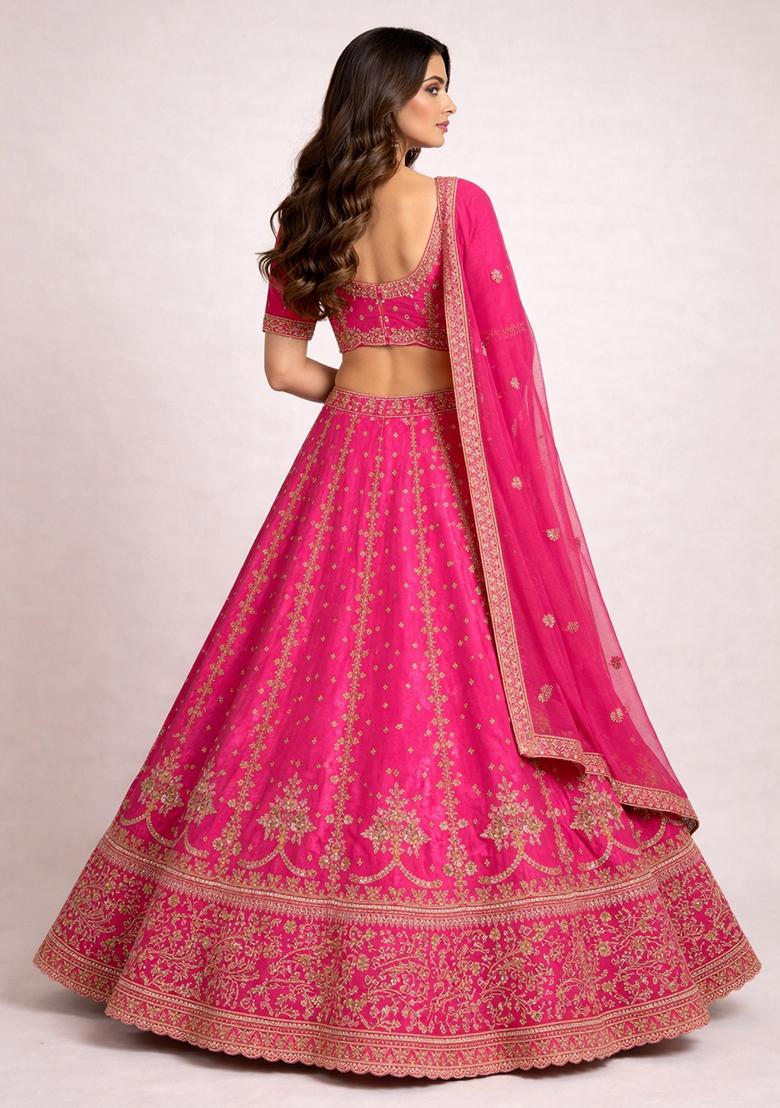 Pink Embroidery Poly Blend Lehenga Set - Indya