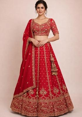 Red Embroidery Poly Blend Lehenga Set