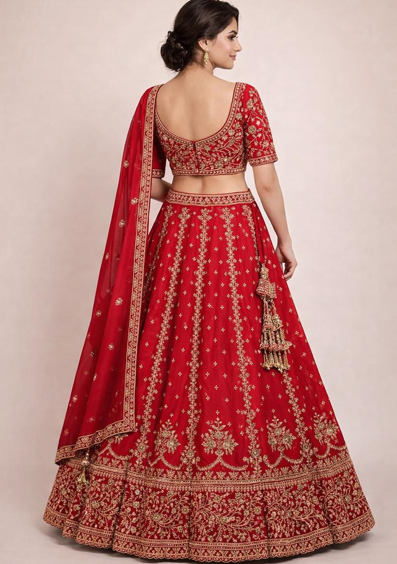Red Embroidery Poly Blend Lehenga Set - Indya