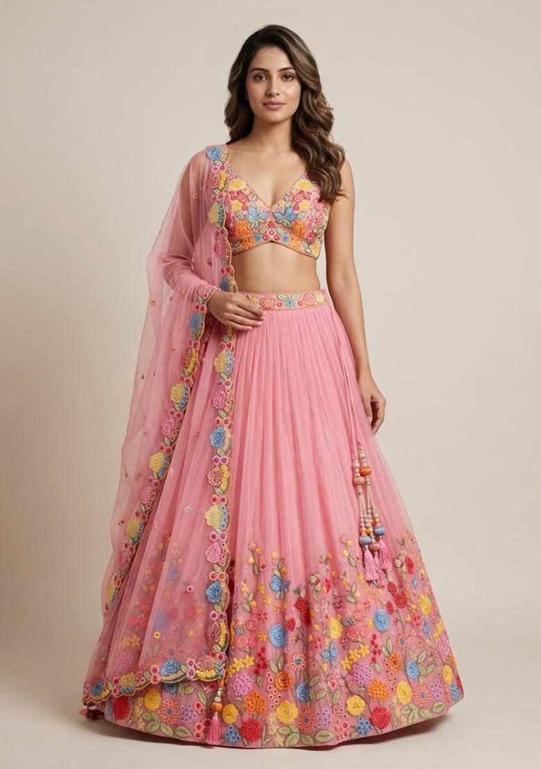 Pink Embroidery Poly Blend Lehenga Set - Indya