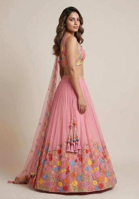 Pink Embroidery Poly Blend Lehenga Set