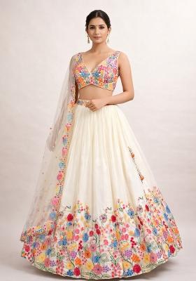 Cream Embroidery Poly Blend Lehenga Set
