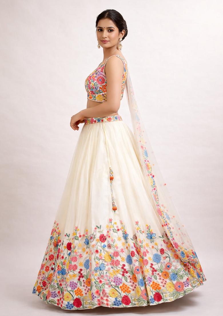 Cream Embroidery Poly Blend Lehenga Set - Indya