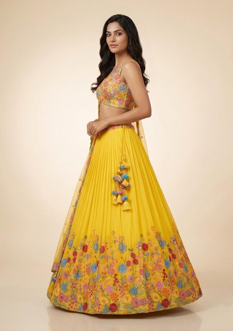 Yellow Embroidery Poly Blend Lehenga Set - Indya
