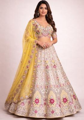 Cream Embroidery Poly Blend Lehenga Set