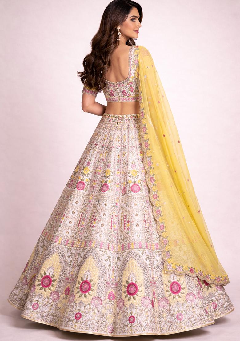 Cream Embroidery Poly Blend Lehenga Set - Indya