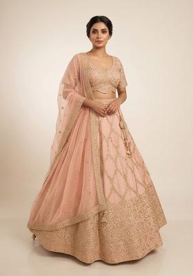Pink Embroidery Poly Blend Lehenga Set