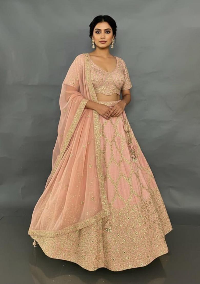 Pink Embroidery Poly Blend Lehenga Set - Indya