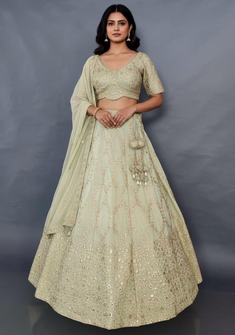 Green Embroidery Poly Blend Lehenga Set - Indya