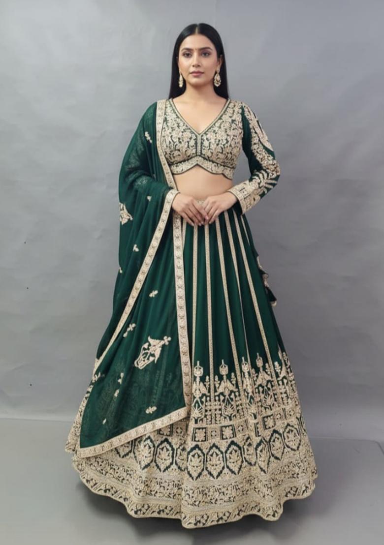 Green Embroidery Poly Blend Lehenga Set - Indya