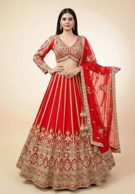 Red Embroidery Poly Blend Lehenga Set