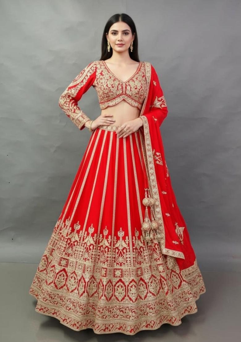 Red Embroidery Poly Blend Lehenga Set - Indya