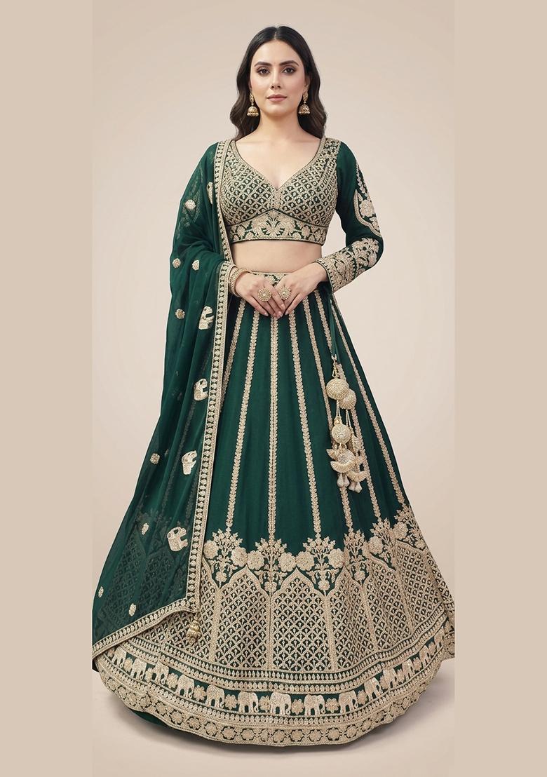 Green Embroidery Poly Blend Lehenga Set - Indya