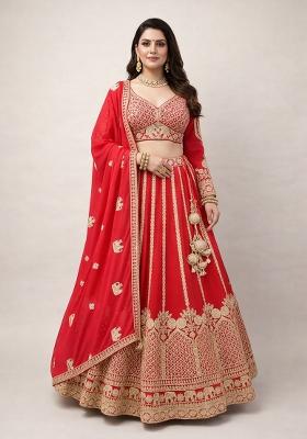 Red Embroidery Poly Blend Lehenga Set
