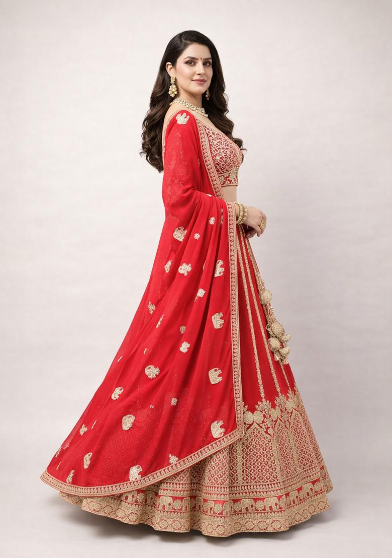 Red Embroidery Poly Blend Lehenga Set - Indya