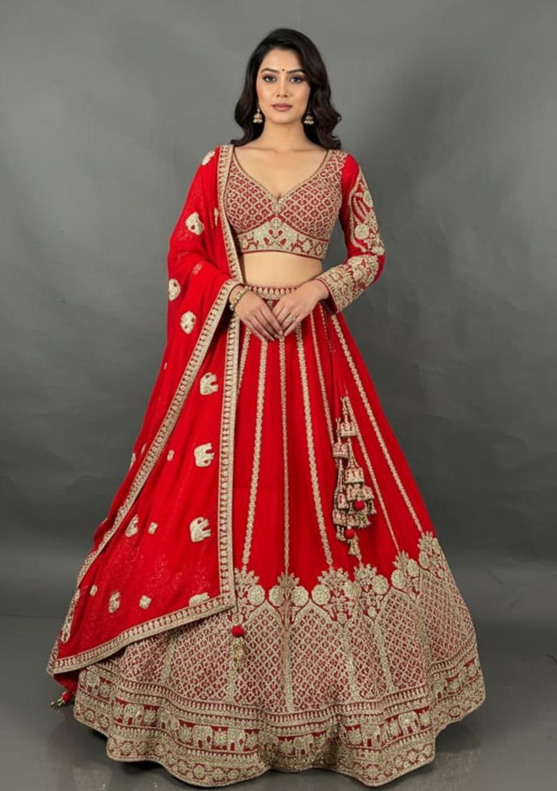 Red Embroidery Poly Blend Lehenga Set - Indya