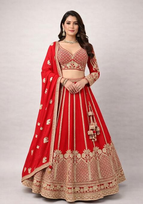 Red Embroidery Poly Blend Lehenga Set