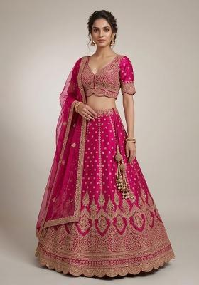 Pink Embroidery Poly Blend Lehenga Set