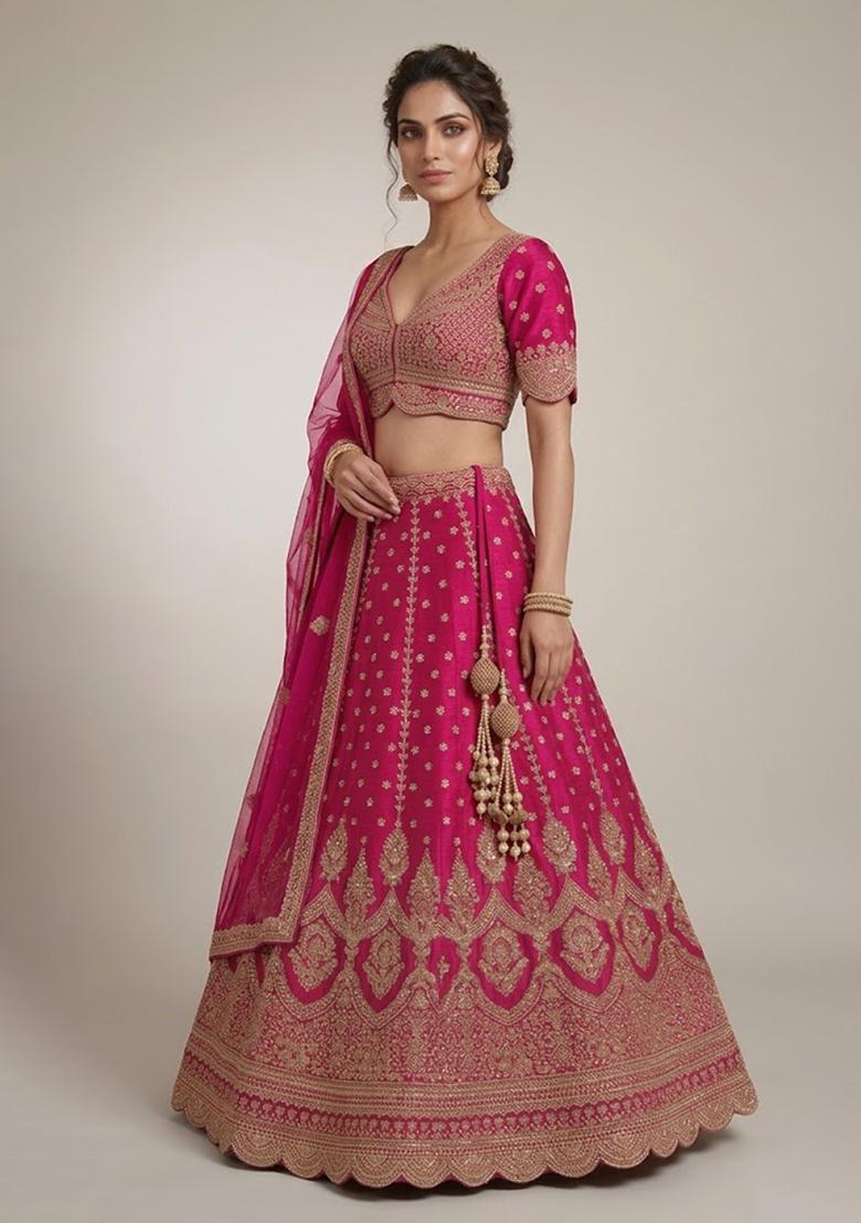 Pink Embroidery Poly Blend Lehenga Set - Indya