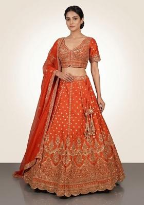 Orange Embroidery Poly Blend Lehenga Set