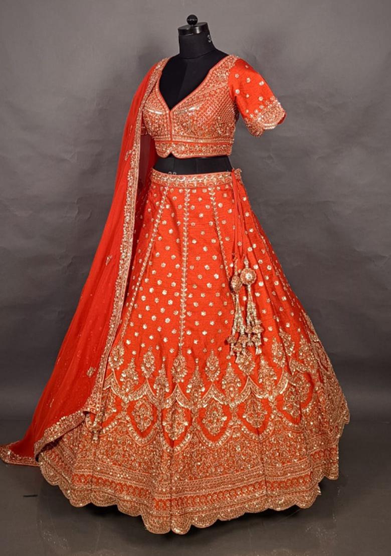 Orange Embroidery Poly Blend Lehenga Set - Indya