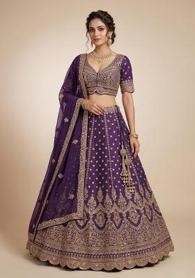 Purple Embroidery Poly Blend Lehenga Set