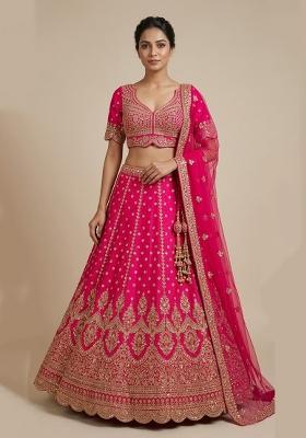 Pink Embroidery Poly Blend Lehenga Set