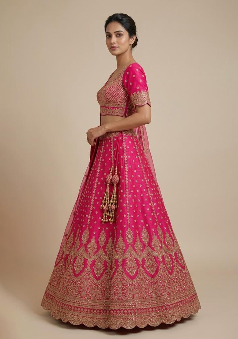 Pink Embroidery Poly Blend Lehenga Set - Indya