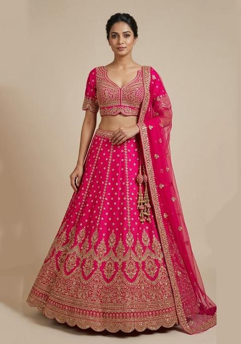 Pink Embroidery Poly Blend Lehenga Set