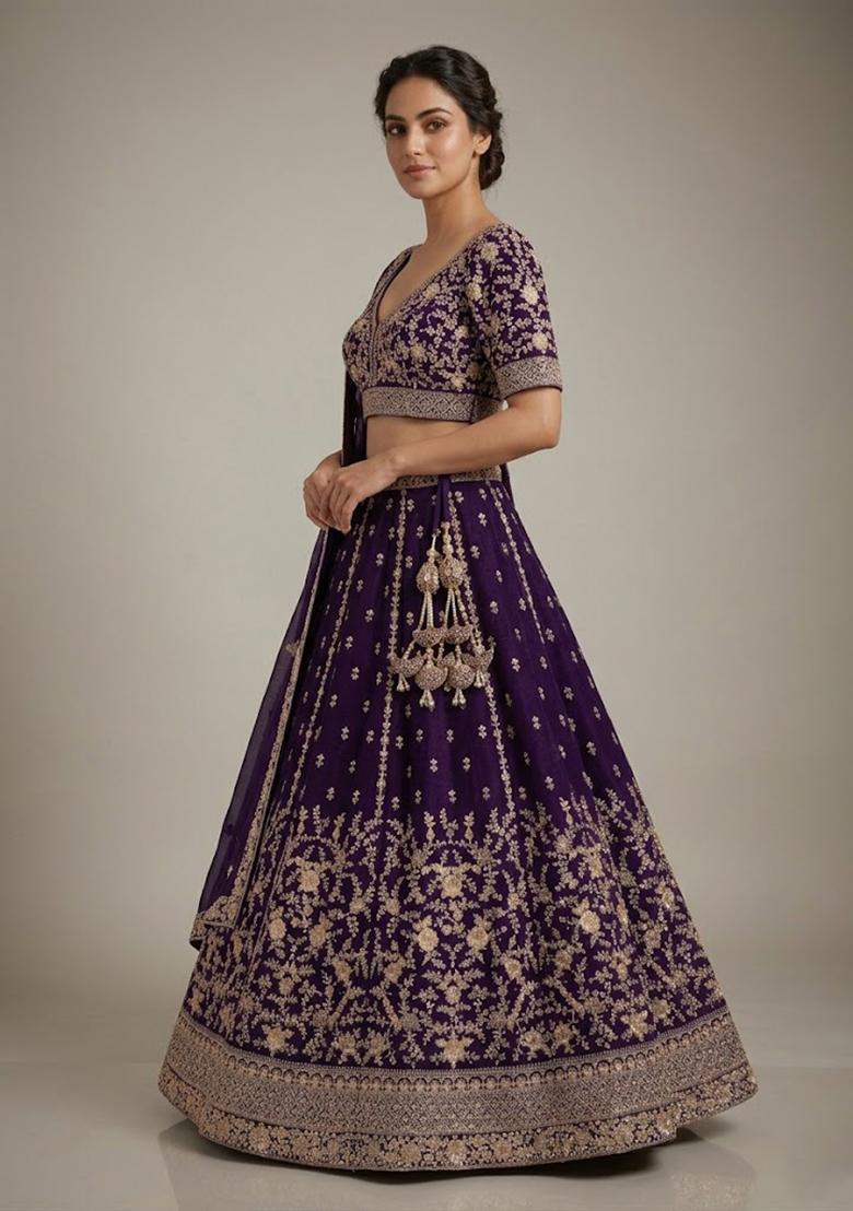 Purple Embroidery Poly Blend Lehenga Set - Indya