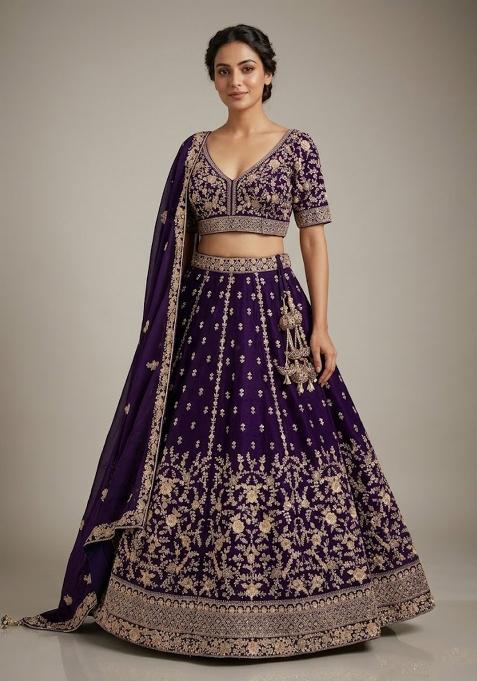 Purple Embroidery Poly Blend Lehenga Set