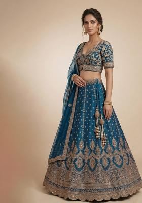 Blue Embroidery Poly Blend Lehenga Set