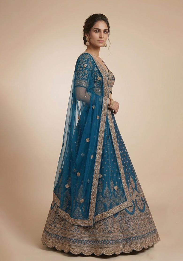 Blue Embroidery Poly Blend Lehenga Set - Indya