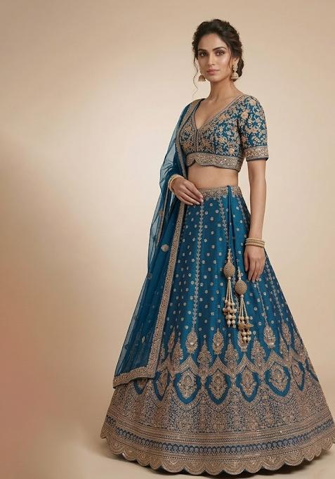 Blue Embroidery Poly Blend Lehenga Set — view on Indya