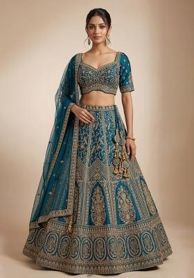 Blue Embroidery Poly Blend Lehenga Set