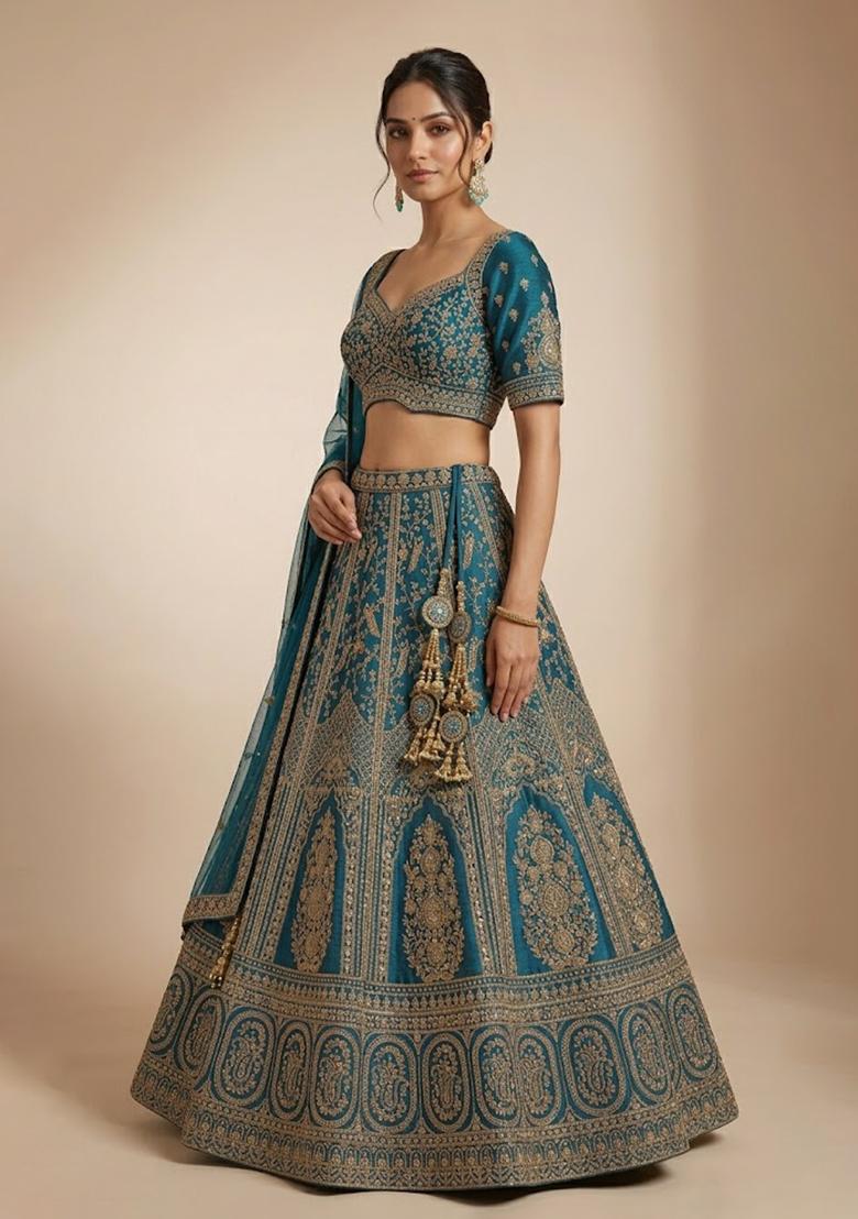 Blue Embroidery Poly Blend Lehenga Set - Indya