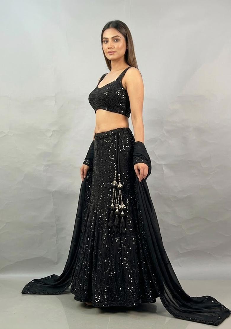 Black Sequin Poly Blend Lehenga Set - Indya
