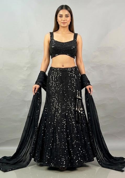 Black Sequin Poly Blend Lehenga Set