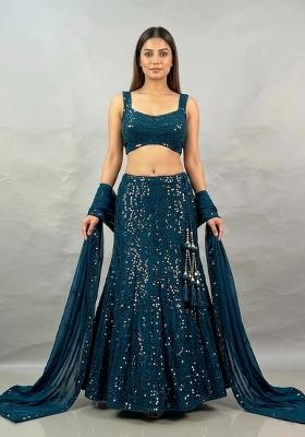 Blue Sequin Poly Blend Lehenga Set