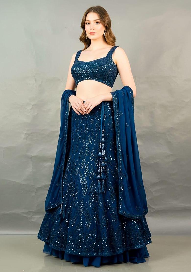 Blue Sequin Poly Blend Lehenga Set - Indya
