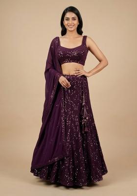 Purple Sequin Poly Blend Lehenga Set
