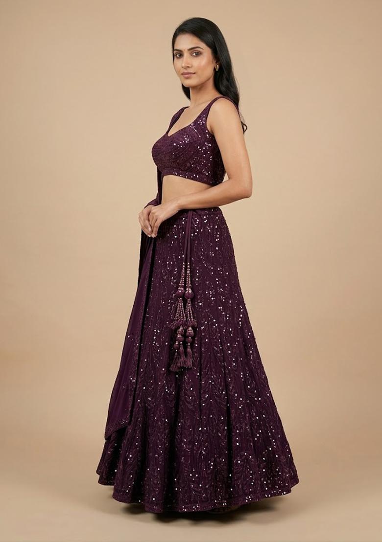 Purple Sequin Poly Blend Lehenga Set - Indya