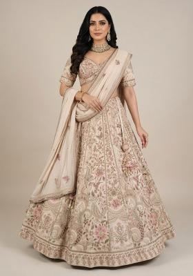 Cream Embroidery Poly Blend Lehenga Set