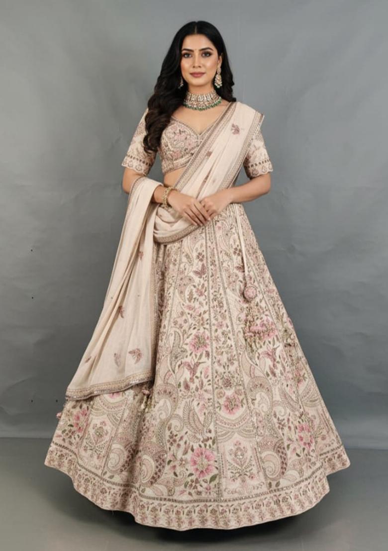Cream Embroidery Poly Blend Lehenga Set - Indya