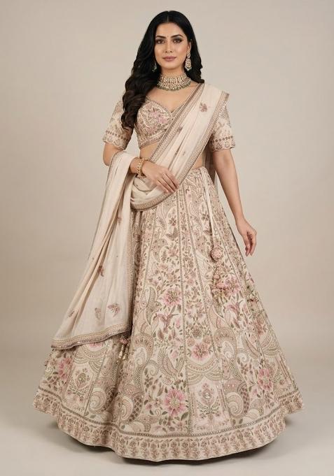 Cream Embroidery Poly Blend Lehenga Set — view on Indya