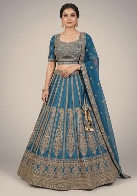 Blue Embroidery Poly Blend Lehenga Set