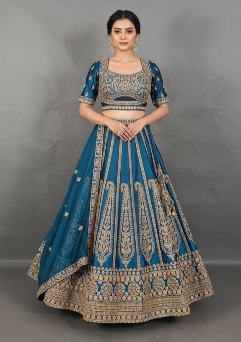 Blue Embroidery Poly Blend Lehenga Set - Indya
